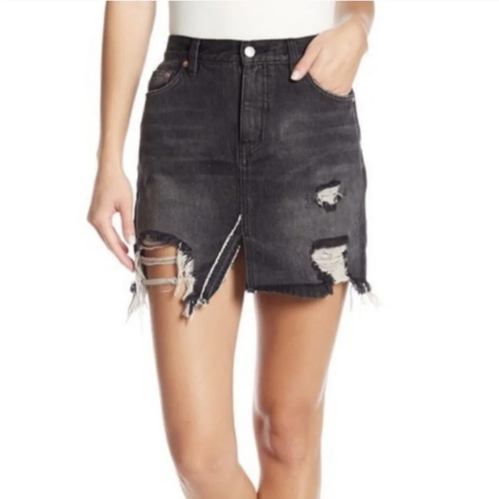Distressed Destroyed Denim Mini Skirt - We the Free People